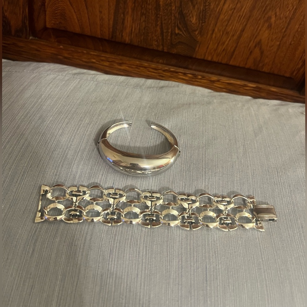 Coro 2 Silver Tone Bracelets, a cuff & a vintage clasp bracelet, good condition